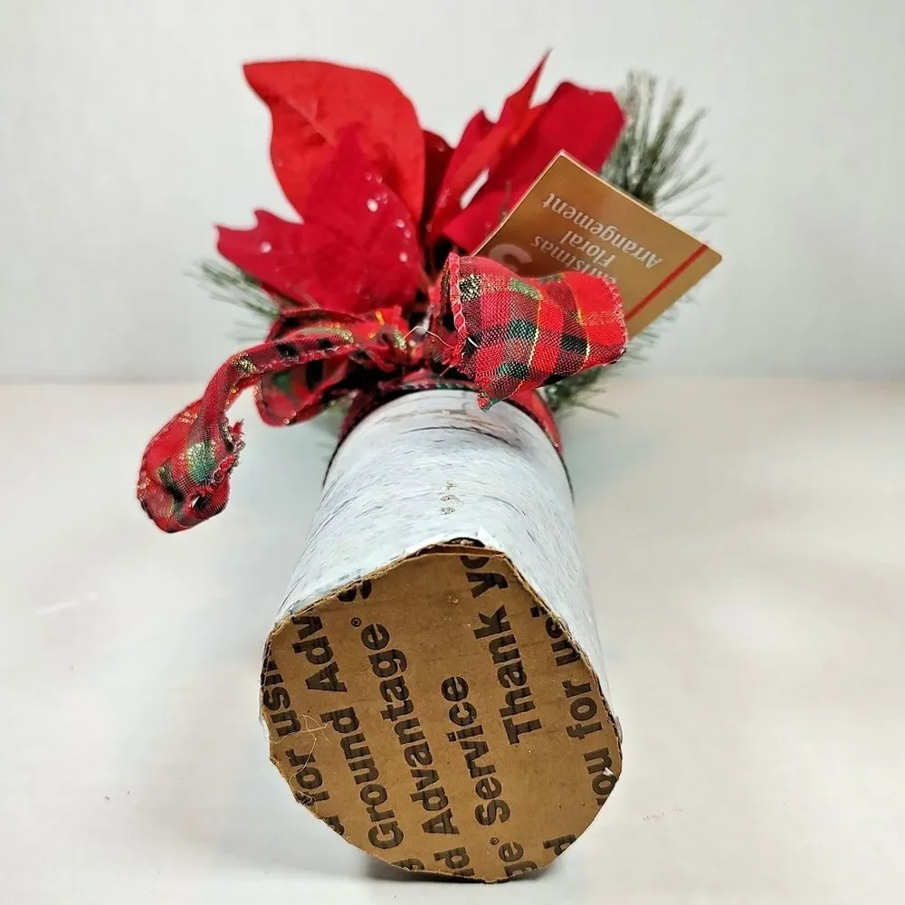 Red Plaid Holiday Christmas Flower Floral Bouquet Arrangement Poinsettia Birch
